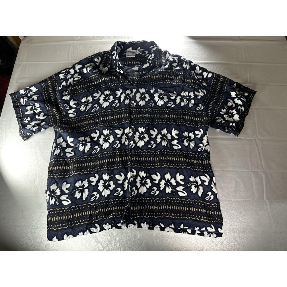 Basix‎ Jammin Hawaiian shirt men's 2XL blue floral parrot macaw short sleeve